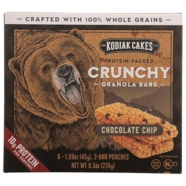 Kodiak Crunchy Granola Snack Bars, Chocolate Chip, High Protein, 100% Whole Grains, 1 box with 6 pouches (12 bars)