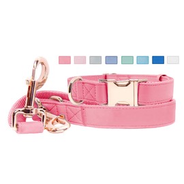 Soft Leather Dog Collar and Leash (6.6') Set - Stylish Rose Gold Heavy Duty Metal Buckle, 4 Adjustable Lengths Leash for Small Medium Large Dogs - Comfortable & Easy to Clean Dark Pink L(15.4"-24.8")