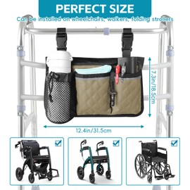 SHIFANQI Wheelchair Bag with Cup Holder, Wheelchair Accessories Armrest Side Bag Multi Pockets Pouch for Electric Wheelchairs, Walkers, Rollators & Mobility Scooters, Adults, Seniors, Khaki