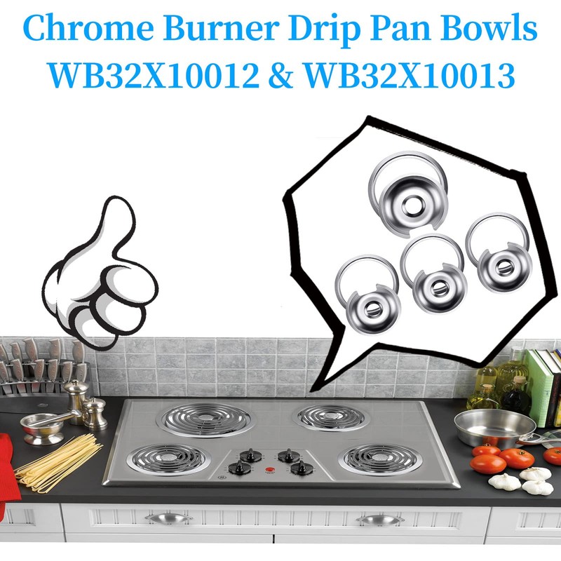 WB32X10013 WB32X10012 Chrome Stove Burner Drip Pan Set 4-Pack Fits