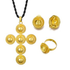 New Silver Gold Plated Cross Ethiopian Jewelry Set for women Bride Bridesmaid Anniversary Party Accessories (gold)