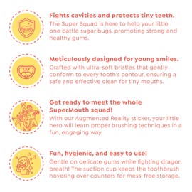 SuperMouth Toddler Ultra Soft Kids Toothbrush – Gentle Bristles for Baby & Toddler Teeth, Superhero Design, Suction Cup Stand, Ages 0-5, Augmented Reality Sticker for Interactive Brushing Fun