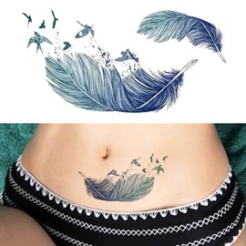 Oottati 2 Sheets Small Blue Gradient Feather Bird Small Tiny Temporary Tattoos for Women Adults, Realistic Watercolor Feather Fake Tattoo Stickers, Waterproof Long Lasting Body Art for Hand Wrist Neck
