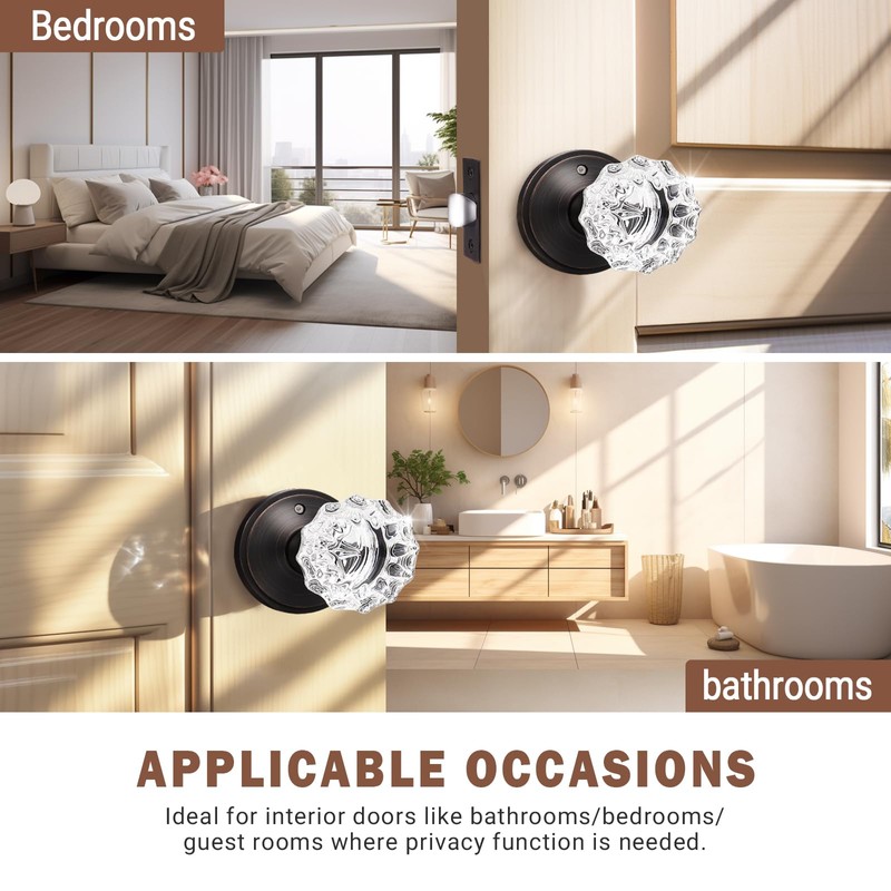 KNOBWELL Modern Round Crystal Door Knobs with Lock, Frosted Glass