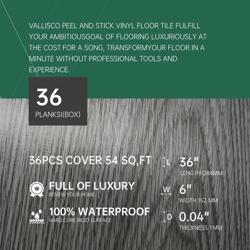 VallisCo Peel and Stick Vinyl Flooring 36 Pack 54 Sq.Ft,