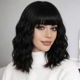 Black Wig with Bangs for Women,14 Inch Short Wavy Curly Bob Hair