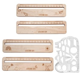 EOWVISN 4 Pieces Wooden Rulers, 1 Piece Graphing Ruler, Cartoon Printed Mini Ruler, Reading Aid Ruler, Geometric Drawing Ruler, Back To School Gift For Kids