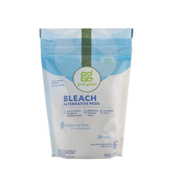 Grab Green Natural Bleach Alternative Pods, Non-Chlorine Bleach, Fragrance Free, Unscented/Free & Clear, 24 Loads