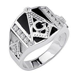 The World Jewelry Center .925 Sterling Silver Rhodium Plated Embossed Masonic Men's Ring - Size 8