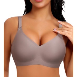SINFLA V Neck Wireless Bras for Women No Underwire Seamless Bra Full Coverage No Wire Tshirt Bras (Brown,Medium)