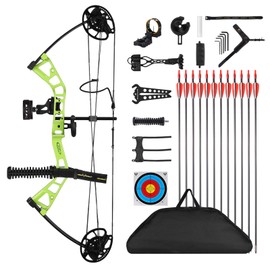 MOTION ZEUS Junior Compounnd Bow Set for Youth & Kids,Beginners and Women Bow Draw Length 16"-28",Draw Weight 10-40Lbs,290fps，Adjustable (Green)