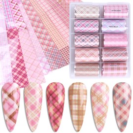 FSpronail Plaid Nail Foil Transfer, 10 Rolls/Box Pink Plaid Nail Stickers Transfer Sheets Checkered Prints Decals Starry Paper Geometric Lines Swirls Decoration Manicure Wraps Pegatinas Uñas