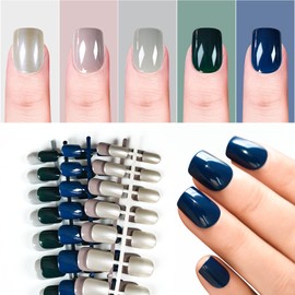 LINSSQ Pre-design Press on Nails Glossy Solid Blue Grey Nail Art Tips Medium Short Squoval False Nails Reusable Acrylic Salon Manicure Kits Fake Fingernails 5 Packs