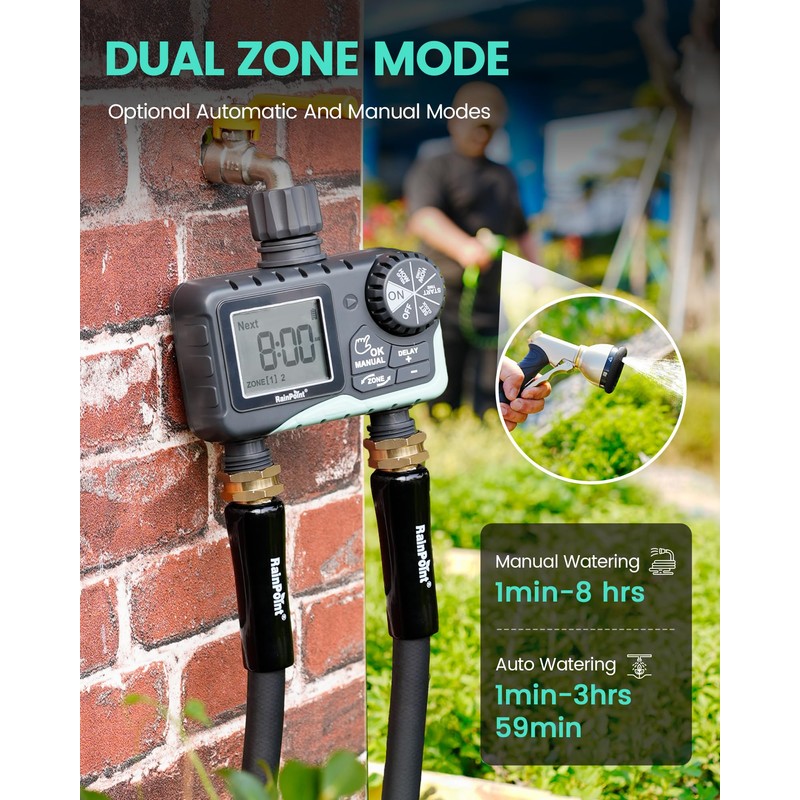 RAINPOINT Sprinkler Timer 2 Outlet, Water Timer for Garden Hose,