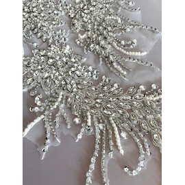 Handmade Rhinestones Lace Bodice Applique Sewing Glass Beads Sequins Crystal Trim Patches Accessory for Dress Clothes 12x26 inch (Silver)