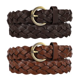 JASGOOD 2 Pack Women's Braided Leather Belts Casual Skinny Woven Belt for Jean Pants,Brown+Coffee