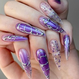 Purple Press on Nails Long Almond Fake Nails Silver Line Glue on Nails Stiletto Lilac Flower False Nails with Design Ombre Gradient Stick on Nails Reusable Acrylic Nails for Women Girls Manicure 24pcs