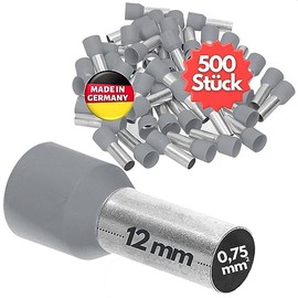 Kalitec AE07512GR Insulated Wire End Ferrules 0.75 mm² 12 mm Long Grey I Made in Germany I Industrial Quality Pack of 500
