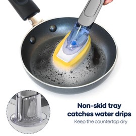 Dish Brush with Soap Dispenser Storage Set with 2 PCS Sponge Refills & Holder, Soap Dispensing Dish Brushes, Sponge with Soap Dispenser Handle, Dish Sponges with Handle for Dishes Pans Pots Sink(Gray)