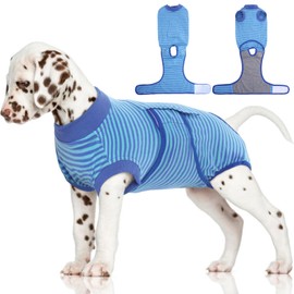 FUAMEY Recovery Suit for Dogs After Surgery,Soft Breathable Dog Bodysuit E-Collar & Cone Alternative Surgical Suit,Male Female Dog Neuter Spay Suits Anti Licking Wounds Onesie Navy Blue Strips XS