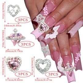 RODAKY 12PCS Heart Nail Charm Pink 3D Planet Nail Art Charms with Crystal Rhinestones Saturn Shape Design Nail Gems Shiny Nail Jewelry Accessories for Women Manicure Nail Decorations