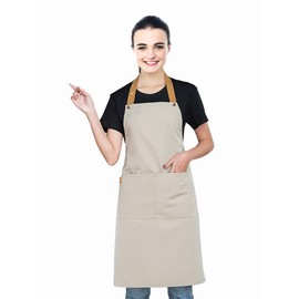 Kitchen Bib Apron with Pockets, Women Men Adjustable Neck Strap Water Resistant Apron for Chef Artist Waiter (Khaki)