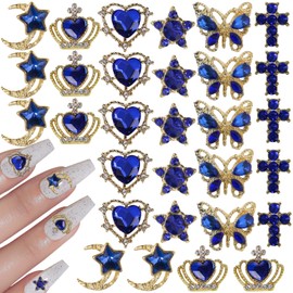 editTime Metal Alloy Nail Charms Rhinestones Kit 3D Gold Silver Stars Butterfly Heart Rose Flower Nail Gems Shiny Crystal Rhinestones Diamonds Jewelry (blue-30)