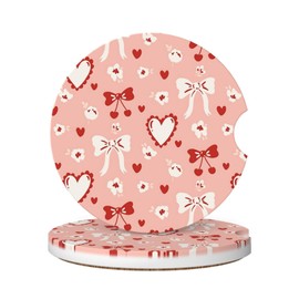 Car Coasters for Cup Red Bows Heart, Absorbent Ceramic Cork Base Drink Coasters with Finger Notch Auto Accessories 2.56" 2 PCS