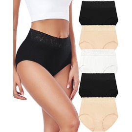 RHYFF Womens Underwear Cotton Lace Panties High Waist Panty Soft Breathable Ladies Hipster Full Coverage Briefs S-3XL（R6006XXXL-NudeBlack）