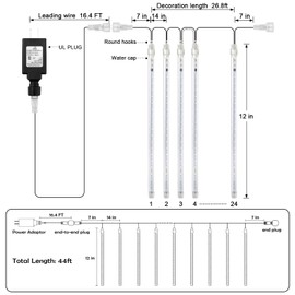 ZROPAW Christmas Lights Outdoor,24 Tubes 864 LED Meteor Shower Lights Outdoor 12Inch, Waterproof Icicle Lights Outdoor Christmas Decorations for Xmas Tree Yard Party, UL Plug, White