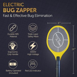 ASISNAI Bug Zapper 18" Electric Fly & Mosquito Swatter Racket - Outdoor/Indoor Killer for Flies, Battery-Operated Tennis Killing Zap, 3000 Volts Electronic Catcher, 2 AA Batteries Included - Yellow