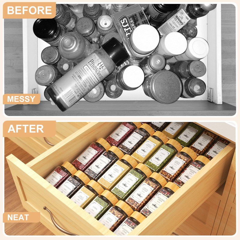 Spice Drawer Organizer with 24 Spice Jars, 355 Spice Labels,