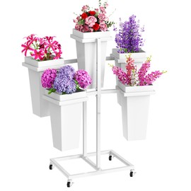 VGMiu Flower Display Stand with Buckets Wedding Flower Cart with Wheels, White Flower Pot Stand, Moving Florist Bouquet Shelf for Weddings Party Bridal Shower Event Patio Garden Living Room Decor