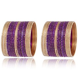 Sukh Collection Jewellery Ethnic Indian Traditional Gold Tone Multi Color Matching Plain 44 Pcs Bangle Bracelets Arrangement Women Wedding Bridal Party wear Fashionable Jewelry (Violet, 2.8)