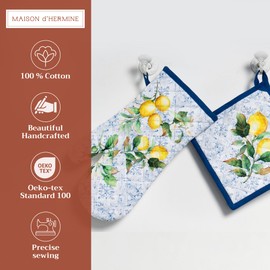 Maison d' Hermine 100% Cotton Oven Mitt & Pot Holder Set (7.5"x13" & 8"x8") Heat Resistant BBQ Cooking Gloves with Loop, Baking, Grilling, Kitchen, Handling Hot Pans Spring/Summer (Citrus)