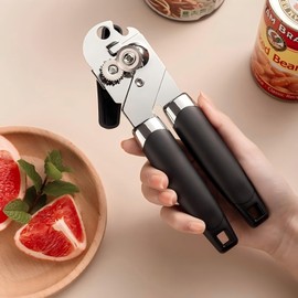 Phmnkl - Abrelatas de corte seguro con sacacorchos de vino, abrelatas manual ergonómico, acero inoxidable de grado alimenticio, corte de borde liso para cocina y restaurante