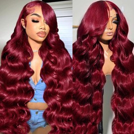 99J Burgundy Wig Human Hair 13x6 Body Wave Lace Front Wigs 180% Density Red Wine Glueless Wigs Pre Plucked for Women 20 Inch