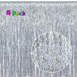 KEEUH 4 Pack 3.3 ft x 6.6 ft Silver Metallic Tinsel Foil Fringe Curtains - Door Streamers for Photo Booth Christmas Day Thanksgiving Wedding New Year Party Decorations
