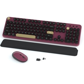 Links9+ Wireless Keyboard and Mouse Combos, Retro Keyboard and Mouse Wireless Full Size, 2.4Ghz Connection and Optical Mouse for Windows, Mac, PC, Laptop for Home and Office (Burgundy-Black)