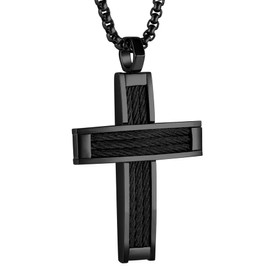 FYNSBLE Cross Necklace for Men Stainless Steel Lager Cross Pendant Necklace Rope Cross Necklace Black Christian Jesus Necklace Cross Pendant Jewelry Gift for Men