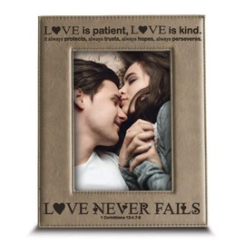 Bella Busta -Love Never Fails-1 Corinthians (bible verse)-Anniversary for Her, Him-Valentines Day- Engraved Leather Picture Frame (5 x 7 Vertical)
