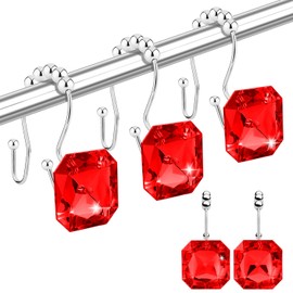 Yapicoco Shower Curtain Hooks Rings for Bathroom, 12PCS Double Hooks Glide Anti Rust Crystal Rhinestones Shower Curtain Rings Hangers for Shower Curtains, Clothing, Towels, etc. (Clear) (Red)