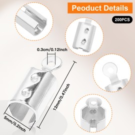 200pcs Fold Over Cord Ends Crimp End Tips Stainless Steel Cord Crimp End Tips Leather Ribbon Ending Clasp Tips Jewelry Connector for Bracelets Leather Jewelry Making(Silver)