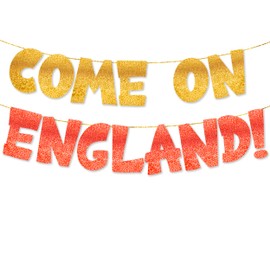 COME ON ENGLAND Banner, Sports Flag Decorations, Sports Merchandise, 8 feet Glitter Gold & Red Banner, Football Flags for Bar, Garden, Office and School, Pre-strung - No DIY Needed