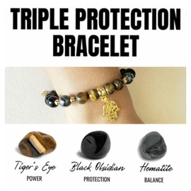 Triple Protection Bracelet by D'Mundo Accesorios. Hamsa Protection Bracelet for women. Genuine tiger eye, black obsidian and hematite beads. Power Protection Balance Healing Prosperity