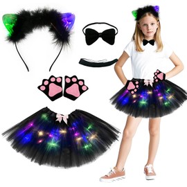 Aitsite Cat Animal Costume Children, Tulle Skirt with Fairy Lights Carnival, Animal Costume, Jungle Costume Children, Girls Tulle Skirt Set, with Hair Bands Nose Bows Tail, Carnival Fancy Dress