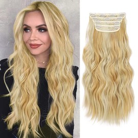 QGZ Clip in Long Wavy Hair Extensions Synthetic 4 PCS Thick Hairpieces for Women 20 Inch Long Fiber Hair Extension for Daily Party Use (Golden Blonde Mixed Bleach Blonde)