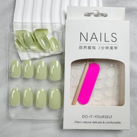 Light Green Press on Nails Medium Stiletto Almond Fake Nails Full Cover Glossy Acrylic Nails Kit Reusable Short Oval Artificial Nails Solid Color Stick on Nails for Women Nail Art Manicure in 24Pcs