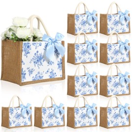 Sunnymove 12 Pcs Floral Burlap Tote Bag with Handle Blue White Chinoiserie Jute Bag with Ribbon Bow for Party Bridesmaid Gift(Blue,14.5 x 9.5 x 5.9 Inch)