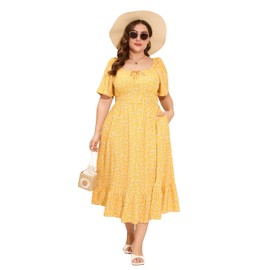 ShopWonder Womens Plus Size Square Neck Floral Print Summer Dress Ruffle Short Sleeve Tie Front Slit Hem Boho Maxi Dress Yellow White Flower 2XL